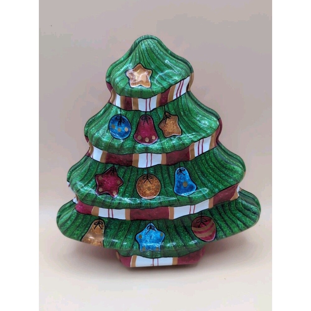 Plastic Christmas Tree W Ornaments Cookie Treat Box Trinket Holder Holiday Tin